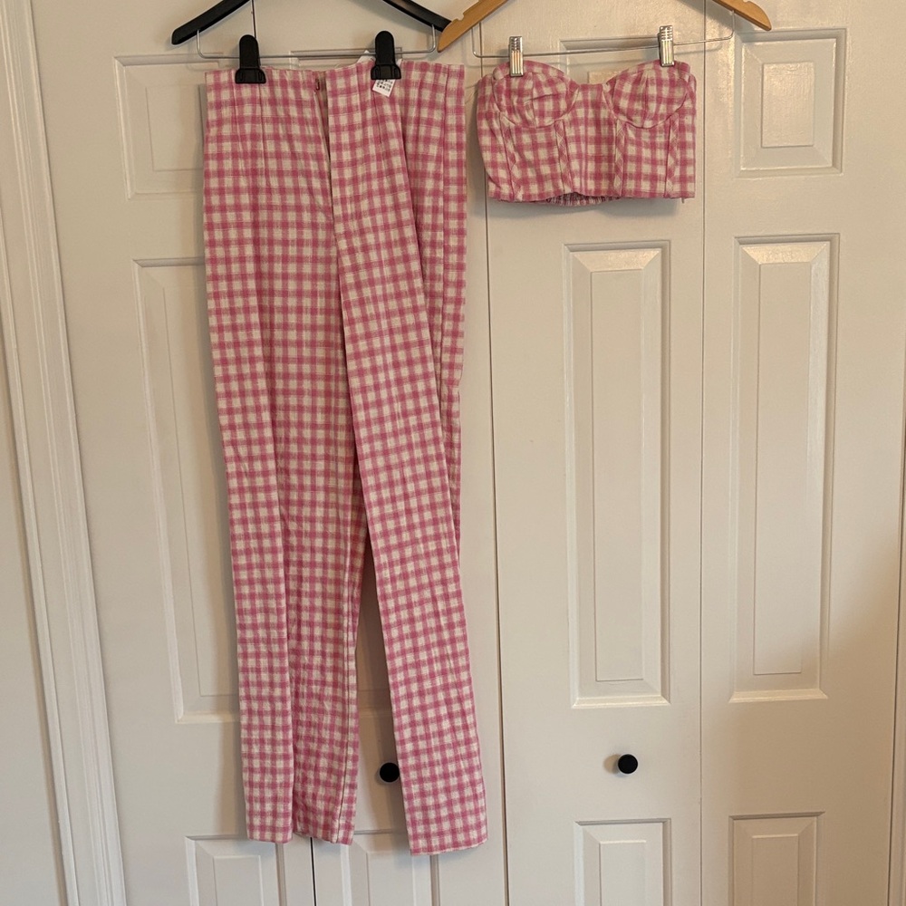 Zara Pink Gingham Strapless Bustier Top & High-Waist Pants Set